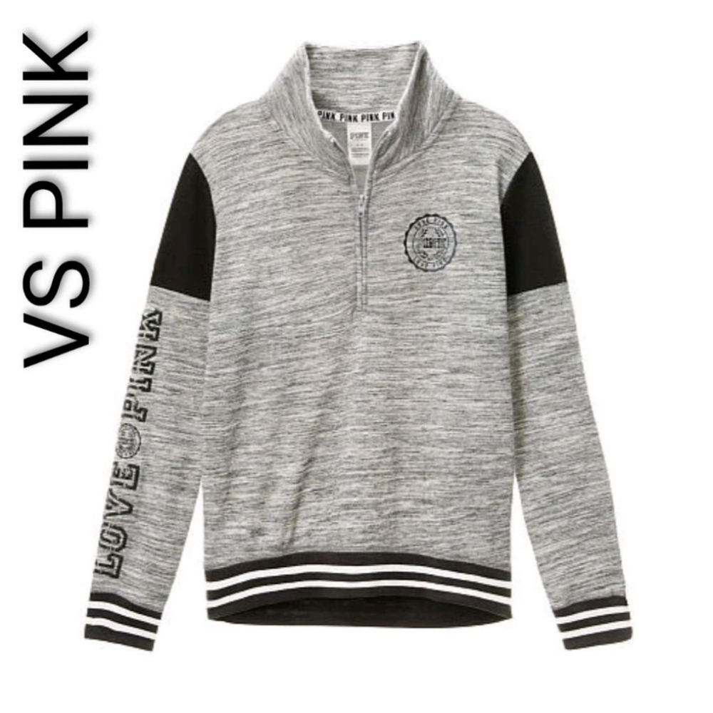 Women's PINK Victoria's Secret Sweatshirt Gray Black Quarter Zip Bling Logo S